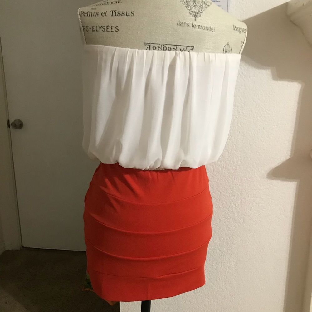 Strapless white and bright orange dress